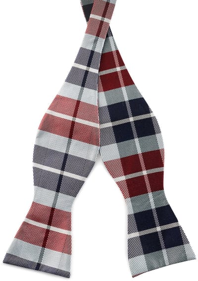 Zijden zelfbinder vlinderdas met blauw en bordeauxrood ruitpatroon