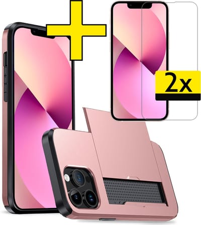 Hoesje Geschikt voor iPhone 14 Pro Max Hoesje Case Pashouder Hard Cover Met 2x Screenprotector - Hoes Geschikt voor iPhone 14 Pro Max Hoesje Met Kaarthouder - Rosé goud