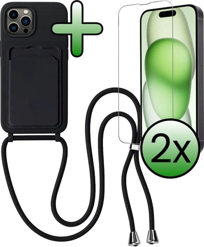 Hoes Geschikt voor iPhone 14 Pro Max Hoesje Pas Houder Case Hoes Met Koord Met 2x Screenprotector - Hoesje Geschikt voor iPhone 14 Pro Max Hoes Met Telefoonkoord Pasjeshouder Cover - Zwart