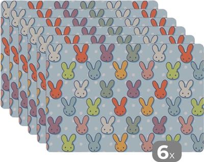Placemat - Placemats kunststof - Konijnen - Stippen - Pastel - Blauw - Patronen - 45x30 cm - 6 stuks - Hittebestendig - Anti-Slip - Onderlegger - Afneembaar