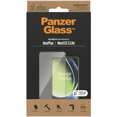 PanzerGlass Ultra-Wide Fit Screen Protector Geschikt voor OnePlus Nord CE 3 Lite - Case Friendly Tempered Glass - Antibacterieel - Zwart