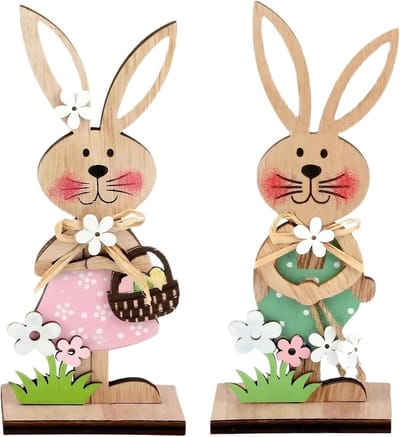 2-Delige Houten Paashaas Decoratieset voor Tuin en Huis, Staande Konijn Ornamenten voor Pasen en Decoratie