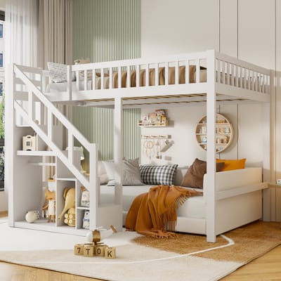 Kinderstapelbed Stapelbed 140 x 200 cm, Grenenhouten bed, Kinderbed met trap en opbergplank, Eenpersoonsbed voor kinderen, Stapelbed met lattenbodem, Wit, Zonder matras (Wordt in 2 pakketten verzonden)