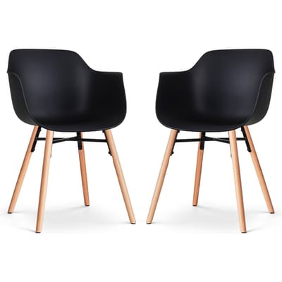 Nolon Nena-Puk Eetkamerstoelen Set van 2 Zwart - met Armleuning - Kunststof Zitting - Houten Poten - Kuipstoel met Armleuning