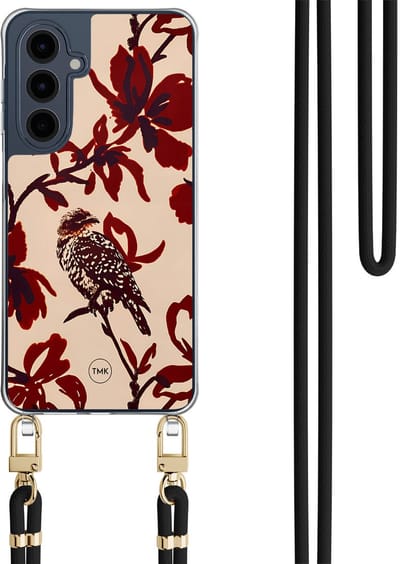 Telefoonhoesje met koord geschikt voor Samsung A16 - Bloemenpracht - Inclusief Zwart koord - Transparant, Rood - Bloemen - Crossbody beschermhoes - Met Telefoonketting