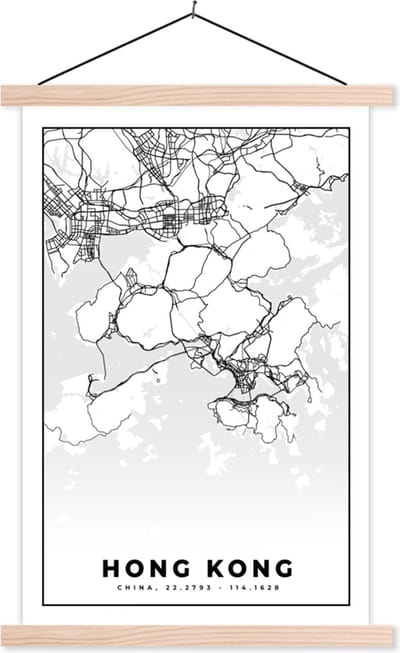 Posterhanger incl. Poster 40x60 cm - Schoolplaat - Kaart - Hong Kong - Zwart Wit - Stadskaart - Plattegrond - Textielposter - Blanke latten - Stadskaart