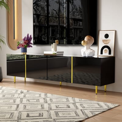 STILVORA TV-Meubel - Hoogglans TV-Kast Met 4 Deuren En Softclose Scharnieren - Gouden Accenten Voor Woonkamer - MDF - 170x35x46 Cm - Draagkracht 60 kg - Zwart