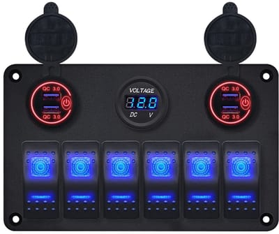 ProRide Schakelpaneel 12V voor Auto/Boot - USB Lader 4 Poorten met Voltmeter - QC3.0 - PUSB1QC-R - 6 Schakelaars