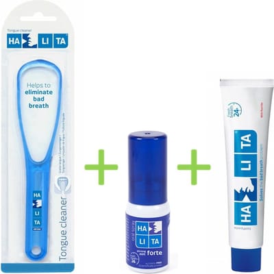 Halita - slechte adem pakket: tongreiniger, tandpasta en mondspray.
