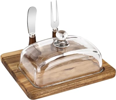 Boterdoos met houten deksel - glazen deksel - acacia en bamboe - ideaal voor verse boter - ShopVlot