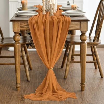 Allecto - Boho tafelloper - Kaasdoek gazen - Wasbaar - Feestdecoratie - Bruiloft - Tafeldecor - Geschikt voor alle gelegenheden - Oranje - 80x300 cm - Valentijnsdag - Babyshower - Verjaardag