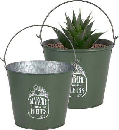Sunnydays Emmer/plantenpot/bloempot - 2x - zink - legergroen - D24 x H19 cm