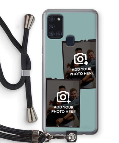 Gepersonaliseerd - Case Company® - Hoesje met koord geschikt voor Samsung Galaxy A21s hoesje met Koord - Polaroid Zwart - Telefoonhoesje met Zwart Koord - Bescherming aan alle Kanten en Over de Schermrand