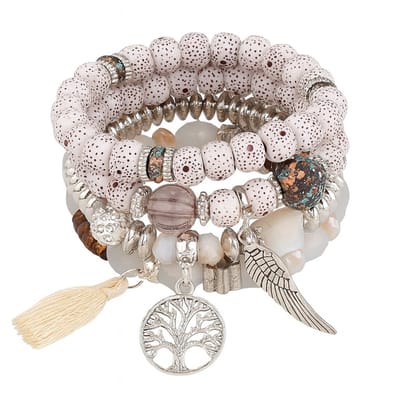 4-delige Armbanden set voor dames – Elastische Kralenarmbanden met Charms & Natuurlijke Accenten