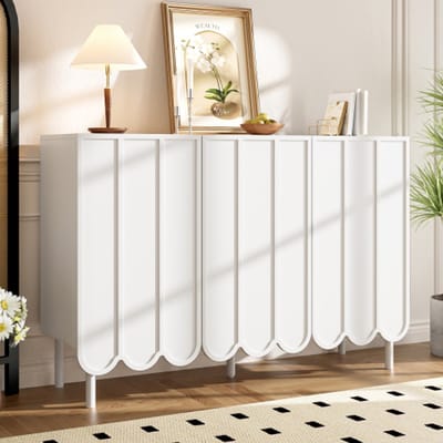 Modern wit dressoir 120x35x80 cm – Zonder grepen met golvende deuren, verstelbare legplanken, ruime opbergruimte voor woonkamer, hal en eetkamer