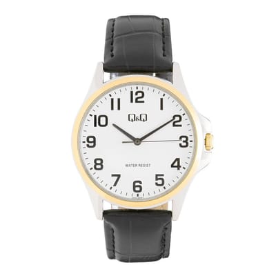 Q&Q Q43A-505PY - Horloge - Heren - Mannen - Leren band - Rond - Metaal - Waterdicht 5ATM - Zwart - Zilverkleurig - Goudkleurig - WIt