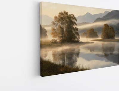 Saammp Canvas Schilderij -Mistig Landschap - Bergen - Natuur - 30x20 - Foto op canvas - Wanddecoratie - Muurdecoratie Woonkamer - Slaapkamer decoratie - Canvas Print