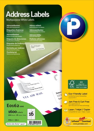 Printec Adres Etiketten - 100 Vel - 105x35mm - 16 Labels Per A4 - 1600 Stickers