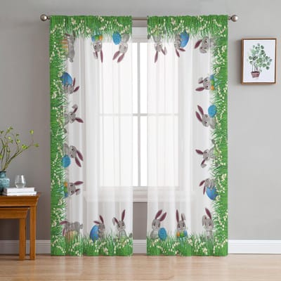 Paasgras Konijnen Eieren Tule Gordijnen Voor Woonkamer Keuken Transparant Voile Gordijn Slaapkamer Raampanelen 135W x 114H(cm) white
