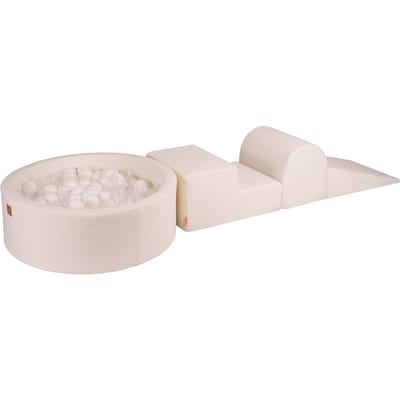 MeowBaby® Foam 3 elementen Speelset met Ballenbak 90x30cm met 200 Ballen Gecertificeerd, Boucle, Wit: Wit/Transparant