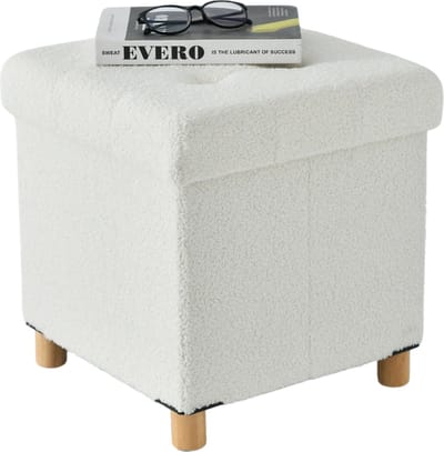 ACAZA Poef - Hocker Teddy - Opvouwbaar - Wit - 38 x 40 cm (B x H) - Opbergpoef - Hocker Met Opbergruimte - Opbergbox - Zitkist - Voetenbank