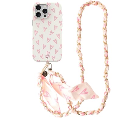 AVY Hoesje Met Telefoonkoord | Geschikt voor Apple iPhone 12 Pro Max | Compatibel met MagSafe & Qi2 | Hard Shell Back Cover | Stijlvol Bijpassend Koord Crossbody (120CM) | Cupid Blush