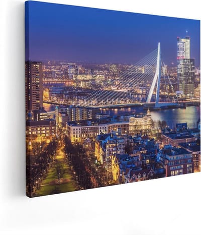 Artaza Canvas Schilderij Rotterdam - 100x80 cm - Groot - Wanddecoratie Skyline - Muurdecoratie Erasmusbrug - Schilderijen Op Canvas