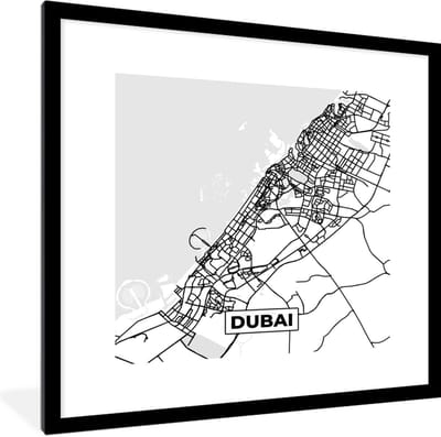 Fotolijst incl. Poster Zwart Wit- Kaart - Dubai - Zwart Wit - Stadskaart - Plattegrond - 40x40 cm - Posterlijst