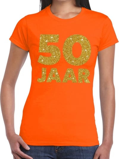 50 jaar verjaardag t-shirt - oranje - voor dames - gouden glitter print - jubileum XS
