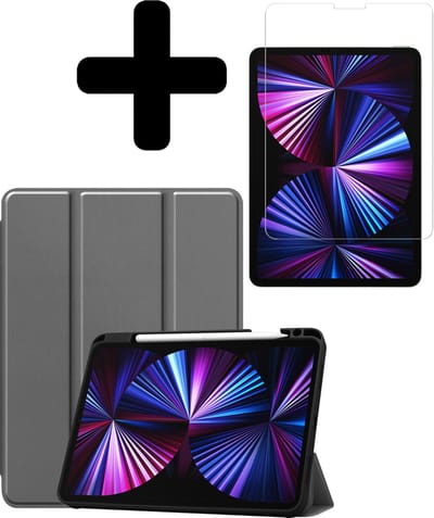 Hoesje - Geschikt voor Apple iPad Pro (2021) - 11 inch - 3e generatie - Met Screenprotector - Trifold Bookcase Hoes - Hard Cover Case - Met Uitsparing Geschikt voor Apple Pencil - Hardcover Book - Tablethoes - Grijs