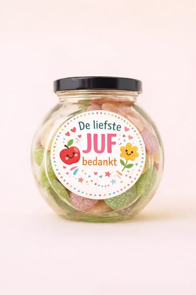 De liefste JUF bedankt – Snoeppot 275g Zuurtjesmix – Origineel Bedankje voor Juf – Cadeau Einde Schooljaar / Dag van de Leraar - Streeck