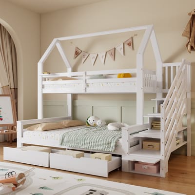 DESMIU Stapelbed 90x200 cm En 140x200 cm – Kinderbed Met Dakdesign – Zijtrap Met Veiligheidsreling – Trapkast Met 2 Lades – Hout En MDF – Wit – Zonder Matras