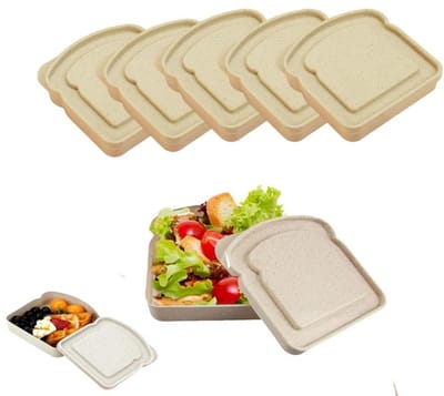 KZQ Lunchboxen - - Plastic Sandwichvormen-5 herbruikbare sandwichboxen met deksels, vaatwasser- en magnetronbestendig - Geschikt voor school, werk, kamperen, kantoor - Toastvorm, Beige