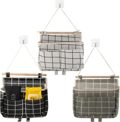 Hanging Storage Bag voor Badkamer - Vouwbare Linnen Wandorganizer met 3 Haken, Deurorganizer voor Badkamer, Thuis, Kantoor en Studentenhuis, Beschikbaar in 3 Kleurvarianten