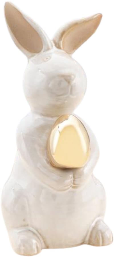 Decoratie beeld paashaas / konijn - gouden ei - wit - porselein - 13 cm - paasdecoratie