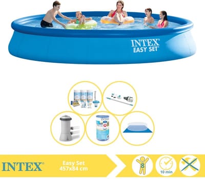 Intex Rond Opblaasbaar Easy Set Zwembad - 457 x 84 cm - Blauw - Inclusief Pomp - Onderhoudspakket - Filter - Grondzeil - Stofzuiger - 6-delig