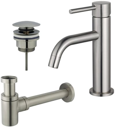 FugaFlow Eccelente Sobrado Badkamer Slim Wastafelkraanset - lage wastafelkraan - klikwaste plug - verlaagde design sifon - PVD Geborsteld RVS