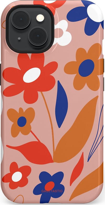 Casetastic hoesje geschikt voor Apple iPhone 15 - MagSafe - Dubbellaagse bescherming - Vormen in bloei - Fashion Case - Perzik Rood Donkerblauw