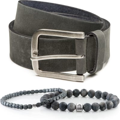 DTCH.FIT Kralen armband Luke Grey one size & Leren riem Jaxx Blauw/Grijs - 4cm breed - 85cm - Totale lengte 100cm