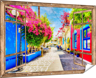 Gards Tuinposter Doorkijk Kleurrijke Straat op het Eiland Kos, Griekenland - 180x120 cm - Tuindoek - Tuindecoratie - Wanddecoratie buiten - Tuinschilderij