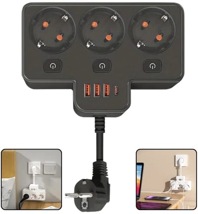 Stekkerdoos met USB - 3 AC Stopcontacten - 3 USB Poorten + 1 USB Type C - Met Randaarde - Zwart