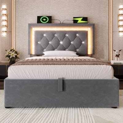 Eenpersoonsbed 90x200 cm - met LED-verlichting - USB- en Type-C-oplaadpoorten - met opbergruimte - grijs - zonder matras
