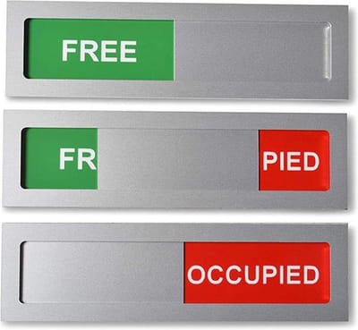 Schuifbordje Free - occupied Aluminium -100 mm x 28 mm - 4 mm dik dus geen blok op je deur - Bevestiging dubbelzijdige plakstrip - Promessa-Design.