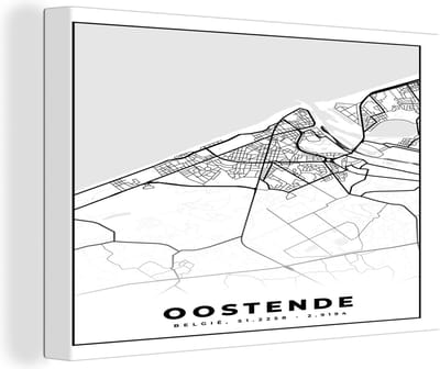 Canvas Schilderij Stadskaart – Plattegrond – België – Zwart Wit – Oostende – Kaart - 30x20 cm - Wanddecoratie