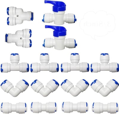 16-delige Universele Waterfilter Aansluitset voor 3/8 Inch Slangen, Inclusief Y, T, I en L Type Combinaties met Afsluitklep voor Koelkast en Waterleiding