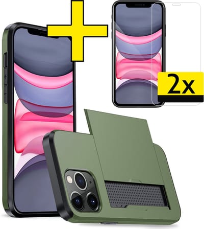 Hoesje Geschikt voor iPhone 11 Pro Hoesje Case Pashouder Hard Cover Met 2x Screenprotector - Hoes Geschikt voor iPhone 11 Pro Hoesje Met Kaarthouder - Donkergroen