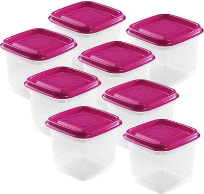 Hega Hogar Vershoudbakjes - set 8x stuks - 0.7 liter - transparant/fuchsia - L11 x B11 x H12 cm - Mealprep - Maaltijden bewaren