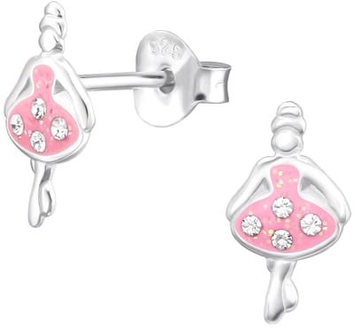 Joy|S - Zilveren ballerina danseres oorbellen - zilver roze met glittertjes en kristalletjes - 6 x 11 mm - kinderoorbellen