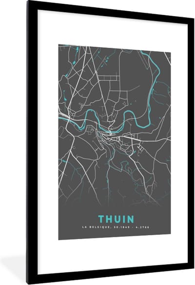 Fotolijst incl. Poster - Stadskaart – Grijs - Kaart – Thuin – België – Plattegrond - 60x90 cm - Posterlijst