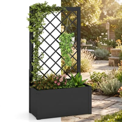 Plantenbak met klimrek - Bloembak - Weerbestendig - Met trellis - Buiten - Metaal - Plantenrek - Zwart